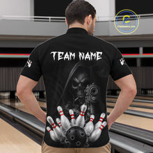 Load image into Gallery viewer, Man wearing funny Grim Reaper smoke black bowling team jersey quarter zip shirt featuring smoky Grim Reaper artwork, back view.