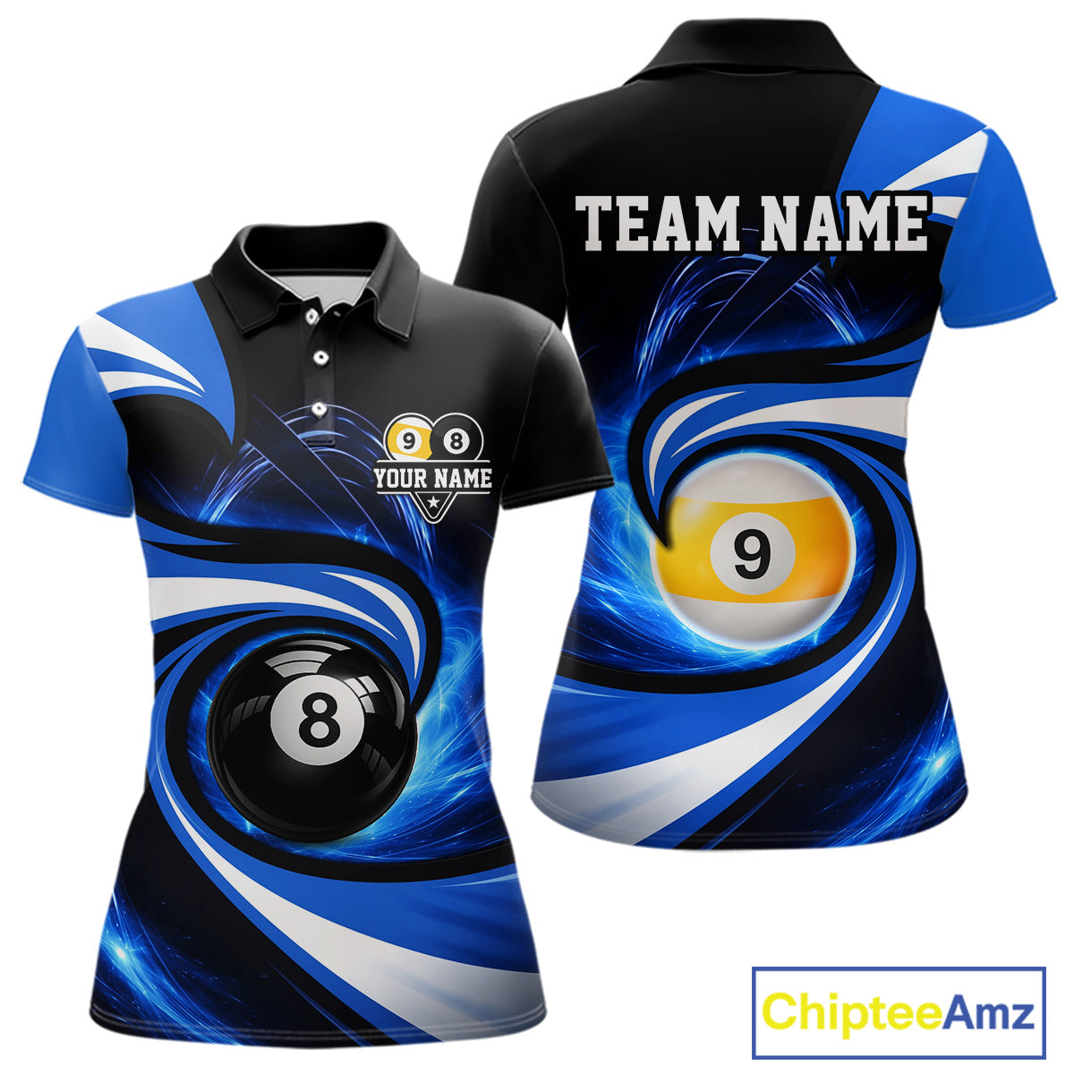 Black And Blue 8 Ball & 9 Ball Billiard Shirt For Women Custom Pool Jersey Team Polo & 1/4 Zip TDM6343