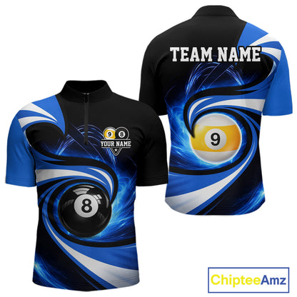Black And Blue 8 Ball & 9 Ball Billiard Shirt For Men Custom Pool Jersey Team Polo & 1/4 Zip TDM6343
