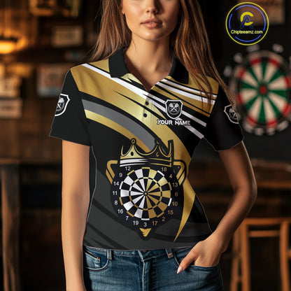 Black And Gold Dartboard Crown Darts Shirt For Women Custom Darts Sport Jersey Team Polo & 1/4 Zip TDM4793