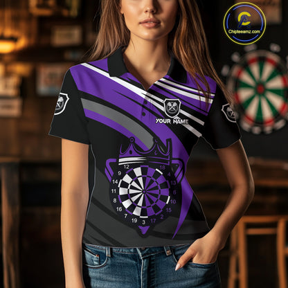 Black And Purple Dartboard Crown Darts Shirt For Women Custom Darts Sport Jersey Team Polo & 1/4 Zip TDM4794