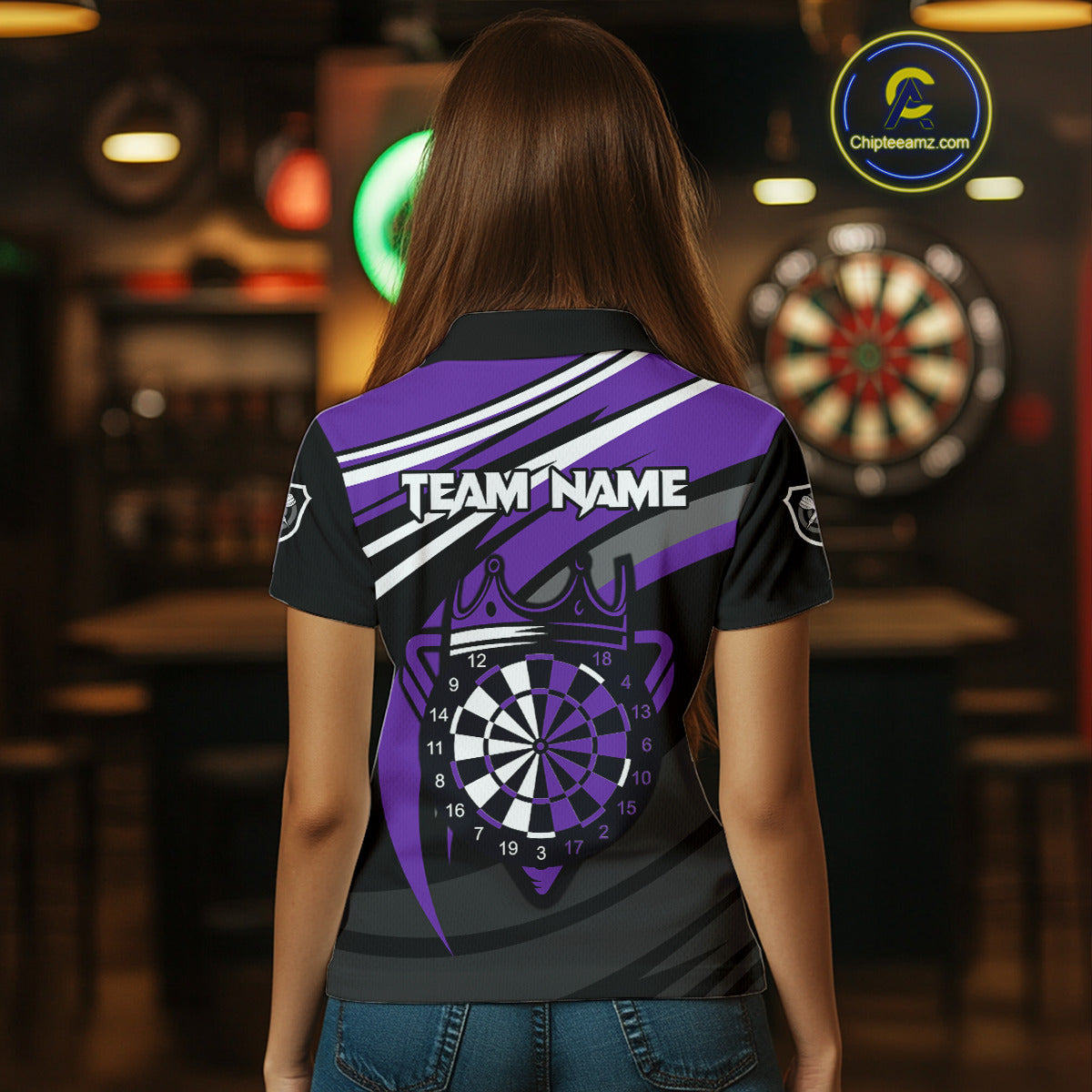 Black And Purple Dartboard Crown Darts Shirt For Women Custom Darts Sport Jersey Team Polo & 1/4 Zip TDM4794