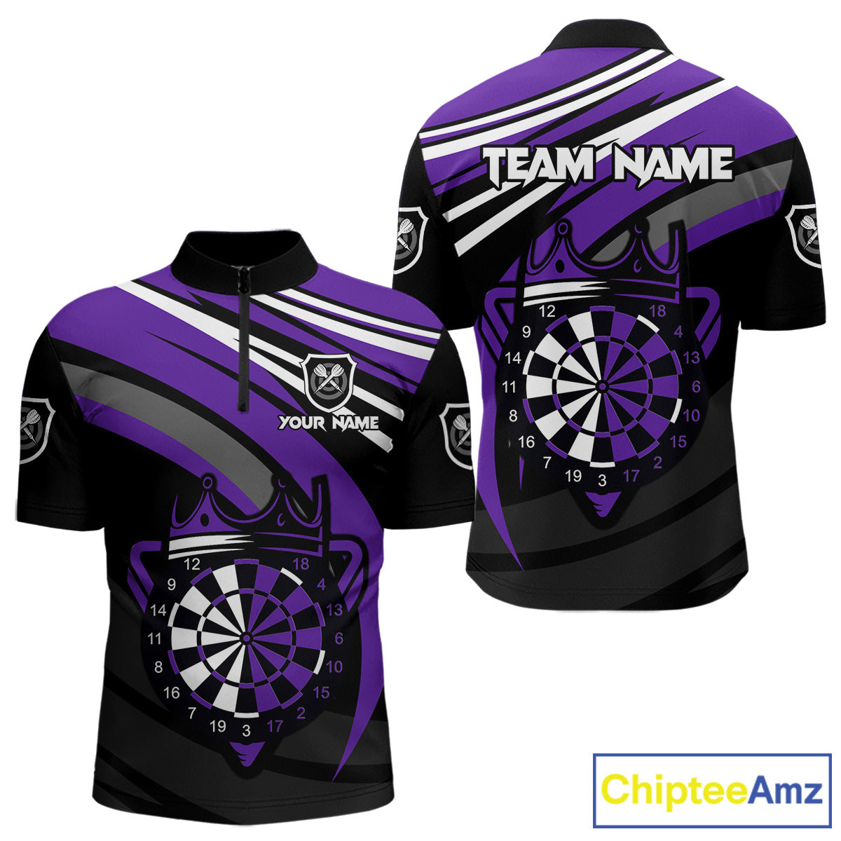 Black And Purple Dartboard Crown Darts Shirt For Men Custom Darts Sport Jersey Team Polo & 1/4 Zip TDM4794