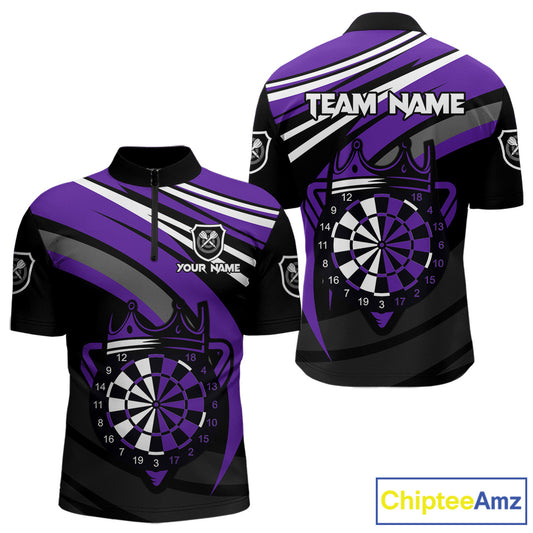 Black And Purple Dartboard Crown Darts Shirt For Men Custom Darts Sport Jersey Team Polo & 1/4 Zip TDM4794