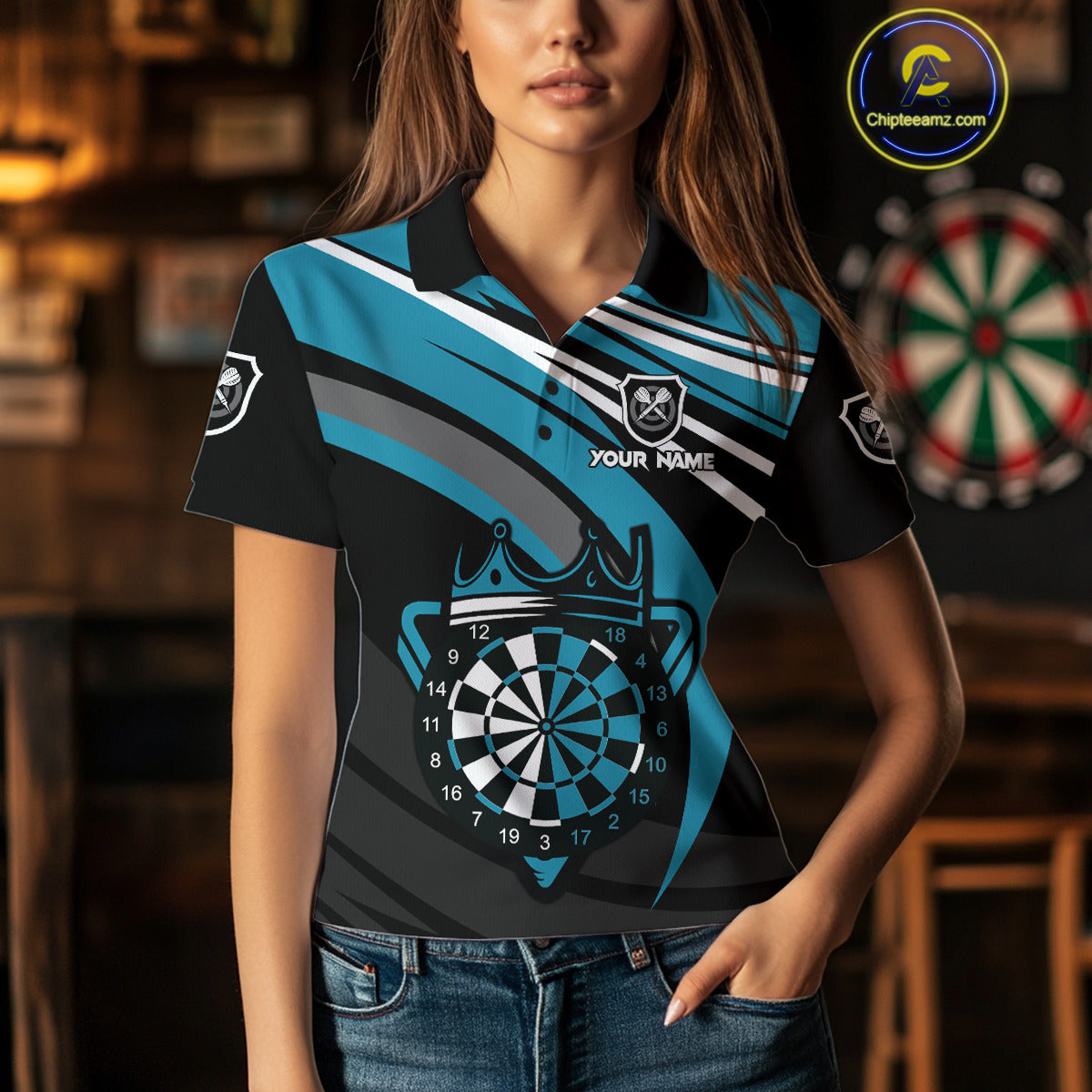 Black & Turquoise Dartboard Crown Darts Shirt For Women Custom Darts Jersey Team Polo & 1/4 Zip TDM4795