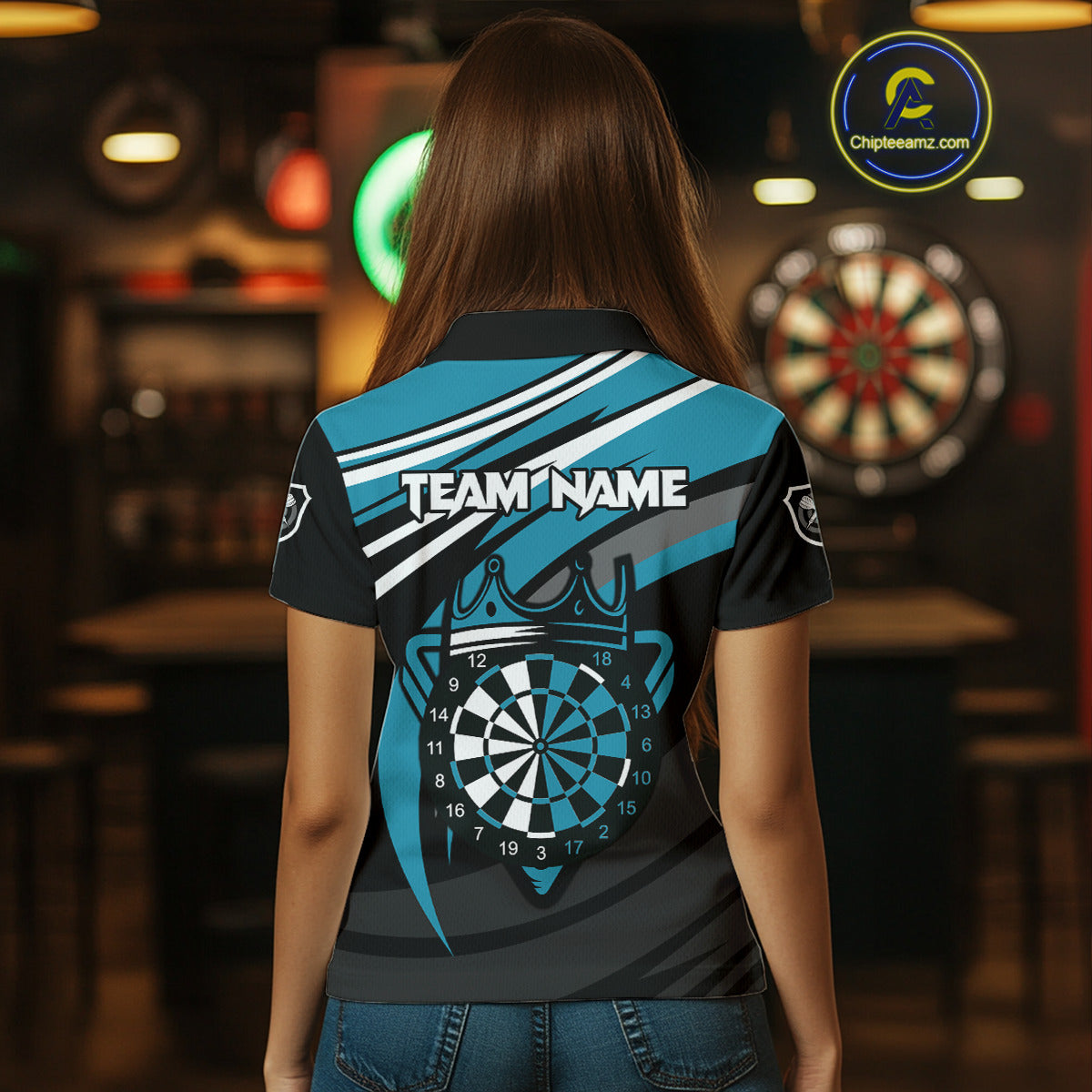 Black & Turquoise Dartboard Crown Darts Shirt For Women Custom Darts Jersey Team Polo & 1/4 Zip TDM4795