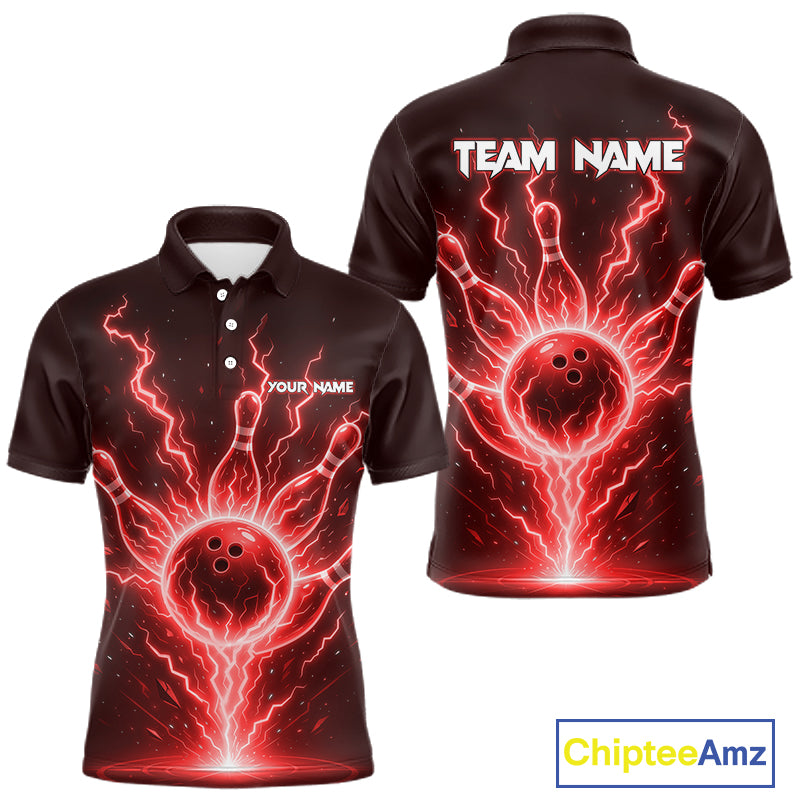Red Lightning Thunder Bowling Polo, Quarter Zip Shirts For Men Custom Team Bowling Jersey TDM7531