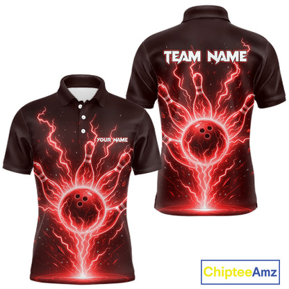 Red Lightning Thunder Bowling Polo, Quarter Zip Shirts For Men Custom Team Bowling Jersey TDM7531