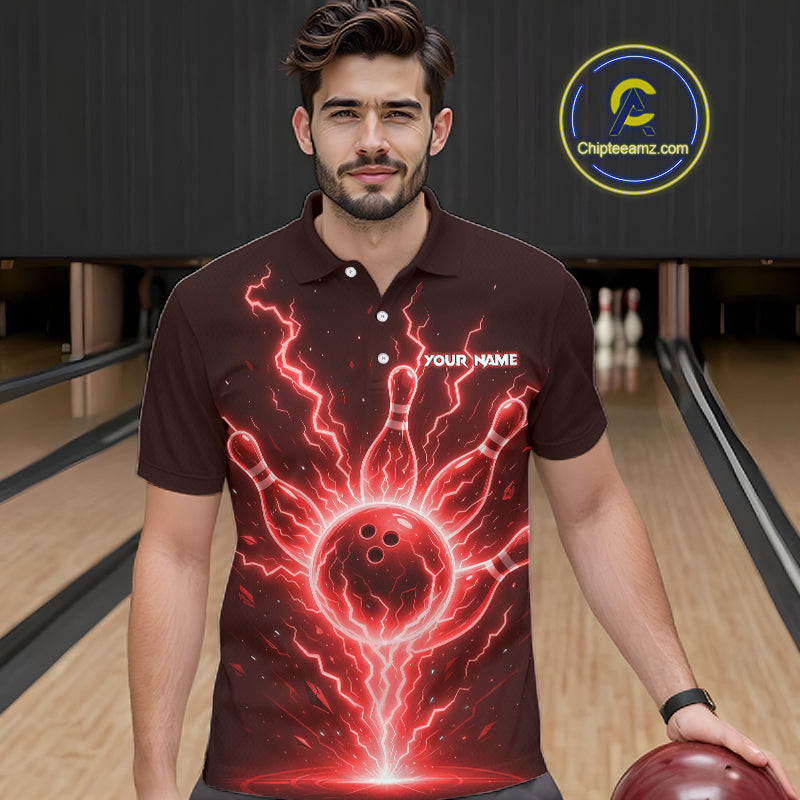 Red Lightning Thunder Bowling Polo, Quarter Zip Shirts For Men Custom Team Bowling Jersey TDM7531