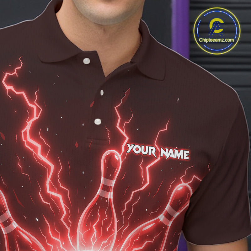Red Lightning Thunder Bowling Polo, Quarter Zip Shirts For Men Custom Team Bowling Jersey TDM7531