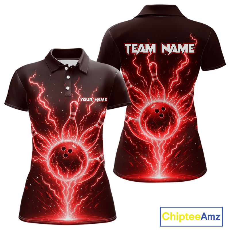 Red Lightning Thunder Bowling Polo, Quarter Zip Shirts For Women Custom Team Bowling Jersey TDM7531