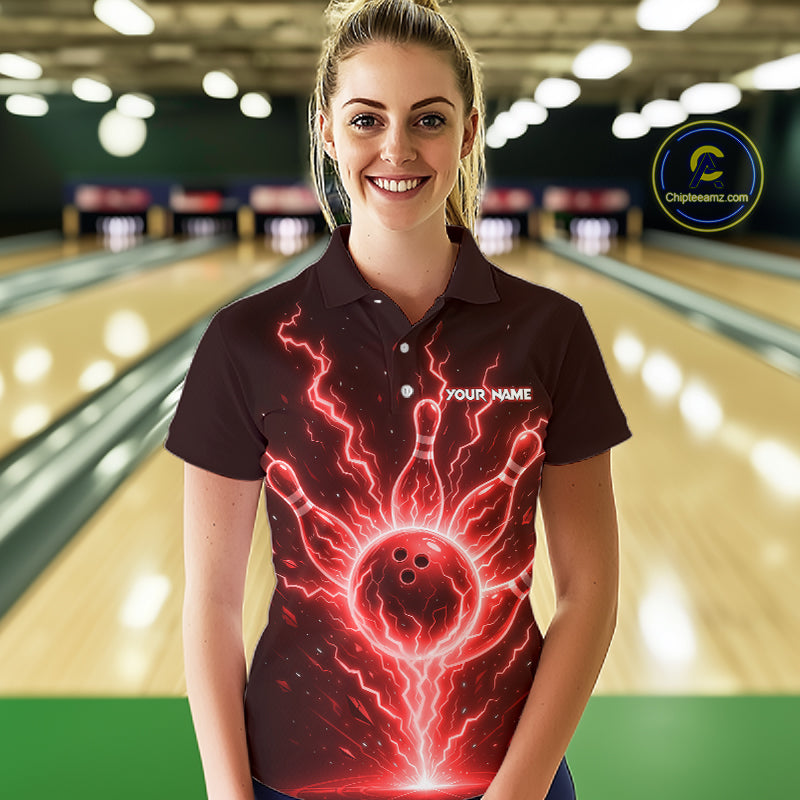 Red Lightning Thunder Bowling Polo, Quarter Zip Shirts For Women Custom Team Bowling Jersey TDM7531