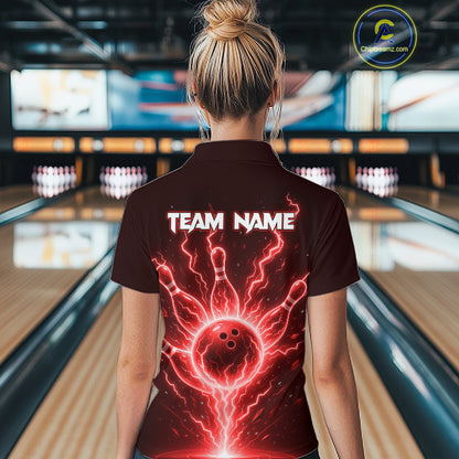 Red Lightning Thunder Bowling Polo, Quarter Zip Shirts For Women Custom Team Bowling Jersey TDM7531
