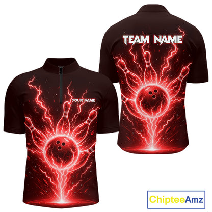 Red Lightning Thunder Bowling Polo, Quarter Zip Shirts For Men Custom Team Bowling Jersey TDM7531