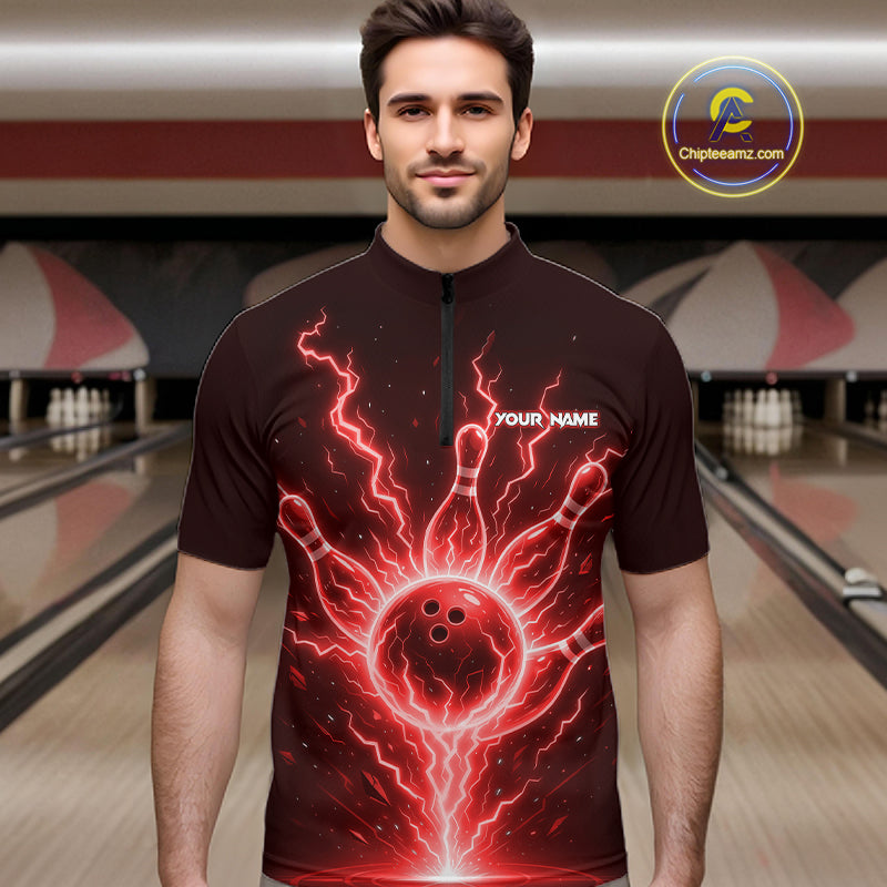 Red Lightning Thunder Bowling Polo, Quarter Zip Shirts For Men Custom Team Bowling Jersey TDM7531