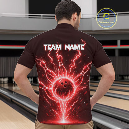 Red Lightning Thunder Bowling Polo, Quarter Zip Shirts For Men Custom Team Bowling Jersey TDM7531