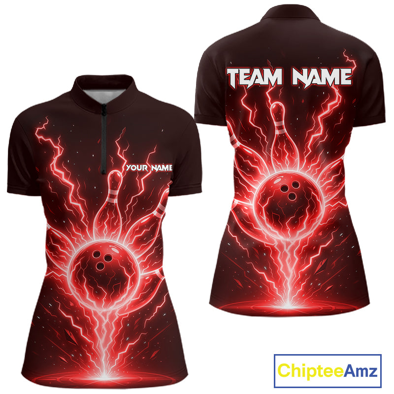 Red Lightning Thunder Bowling Polo, Quarter Zip Shirts For Women Custom Team Bowling Jersey TDM7531