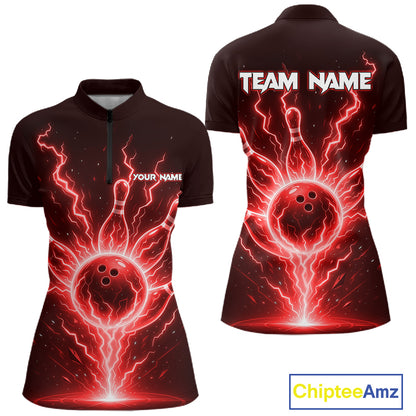 Red Lightning Thunder Bowling Polo, Quarter Zip Shirts For Women Custom Team Bowling Jersey TDM7531