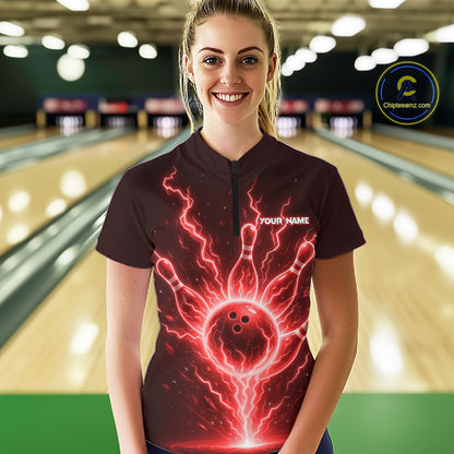 Red Lightning Thunder Bowling Polo, Quarter Zip Shirts For Women Custom Team Bowling Jersey TDM7531