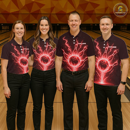 Red Lightning Thunder Bowling Polo, Quarter Zip Shirts For Men Custom Team Bowling Jersey TDM7531