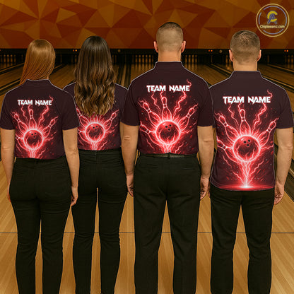Red Lightning Thunder Bowling Polo, Quarter Zip Shirts For Men Custom Team Bowling Jersey TDM7531