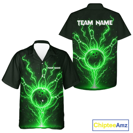 Green Lightning Thunder Bowling Hawaiian Shirts For Men Women Custom Team Bowling League Jersey TDM7532