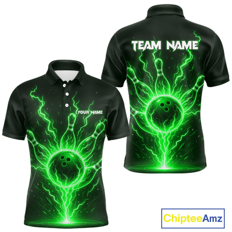 Green Lightning Thunder Bowling Polo, Quarter Zip Shirts For Men Custom Team Bowling Jersey TDM7532