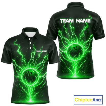 Green Lightning Thunder Bowling Polo, Quarter Zip Shirts For Men Custom Team Bowling Jersey TDM7532