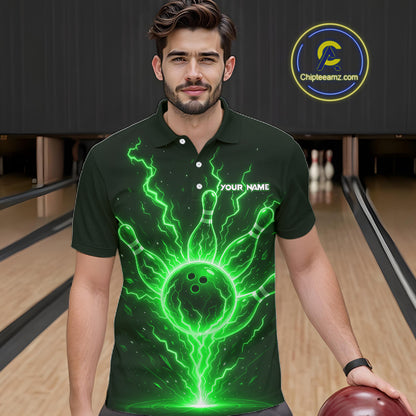 Green Lightning Thunder Bowling Polo, Quarter Zip Shirts For Men Custom Team Bowling Jersey TDM7532