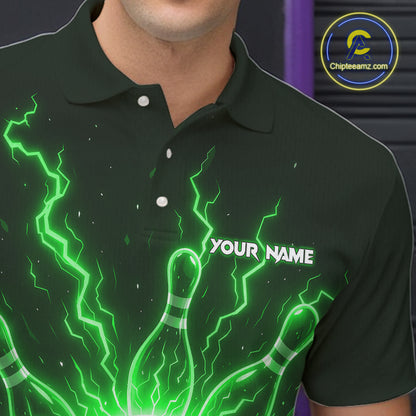 Green Lightning Thunder Bowling Polo, Quarter Zip Shirts For Men Custom Team Bowling Jersey TDM7532