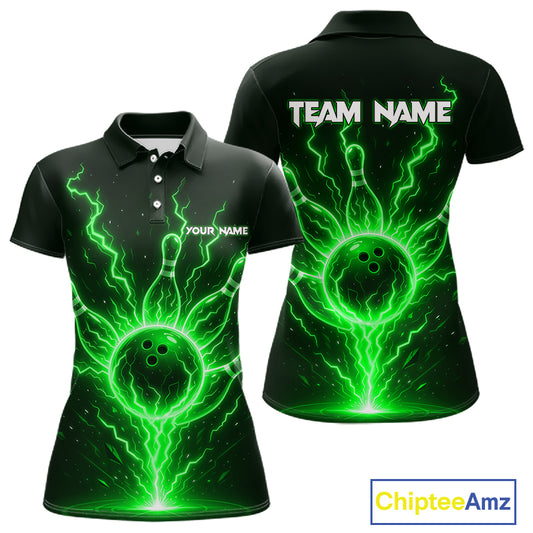 Green Lightning Thunder Bowling Polo, Quarter Zip Shirts For Women Custom Team Bowling Jersey TDM7532