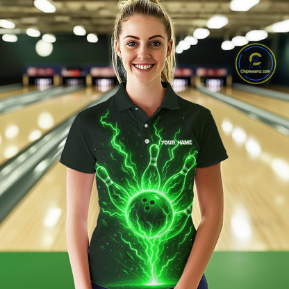 Green Lightning Thunder Bowling Polo, Quarter Zip Shirts For Women Custom Team Bowling Jersey TDM7532