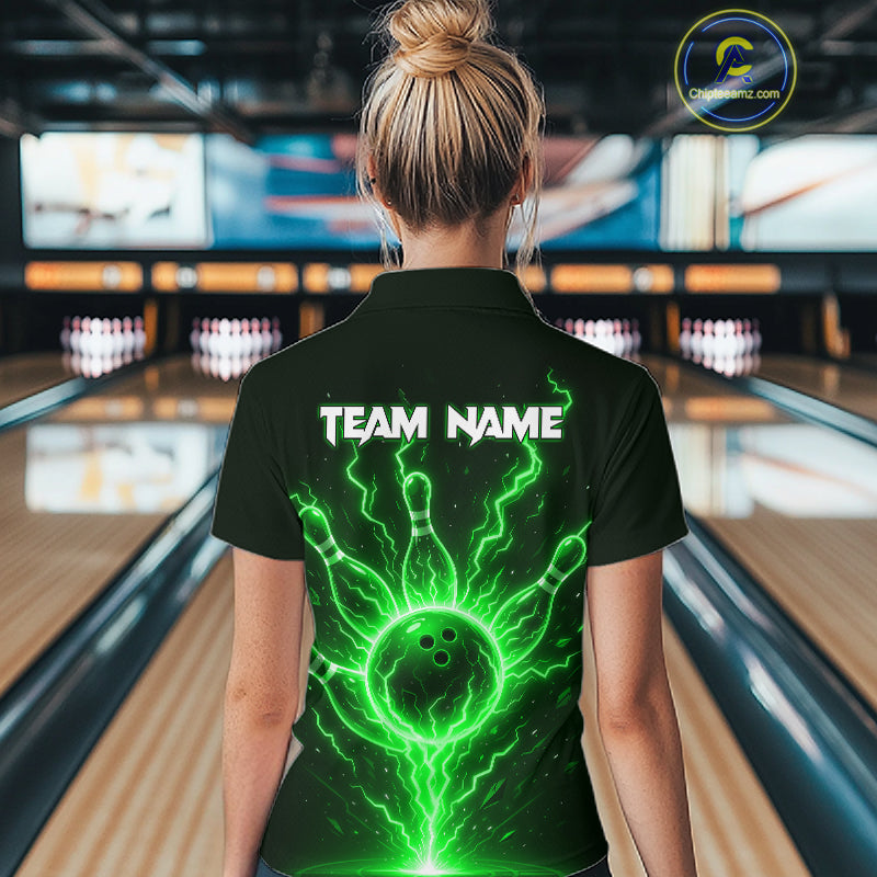 Green Lightning Thunder Bowling Polo, Quarter Zip Shirts For Women Custom Team Bowling Jersey TDM7532