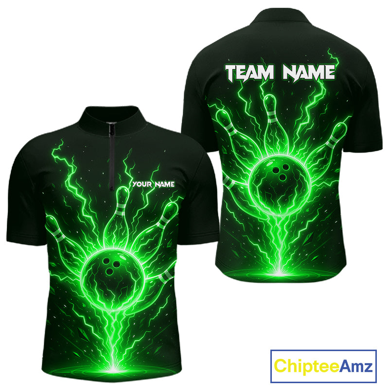 Green Lightning Thunder Bowling Polo, Quarter Zip Shirts For Men Custom Team Bowling Jersey TDM7532