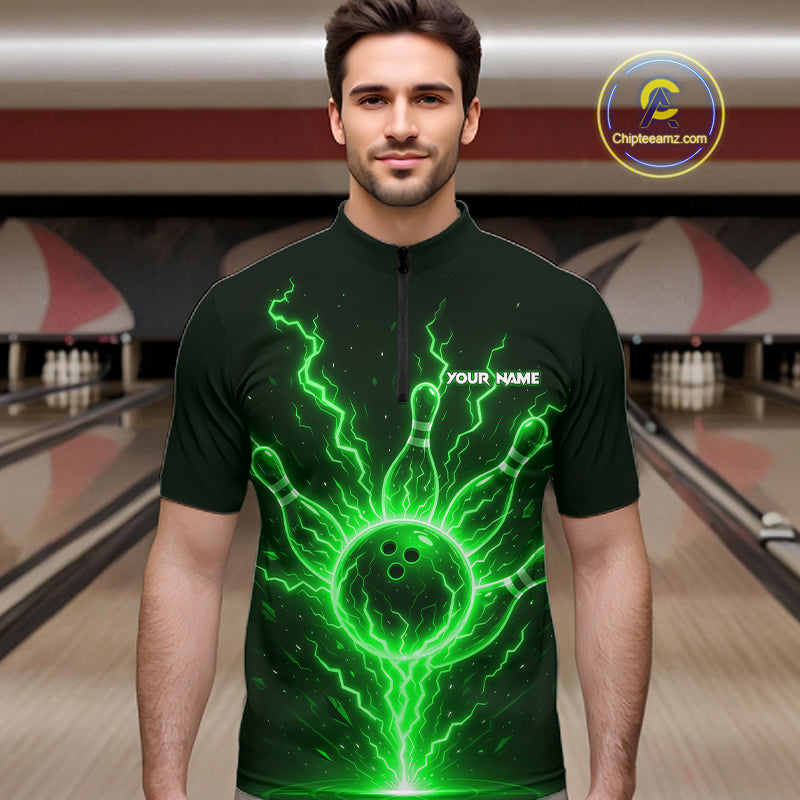 Green Lightning Thunder Bowling Polo, Quarter Zip Shirts For Men Custom Team Bowling Jersey TDM7532