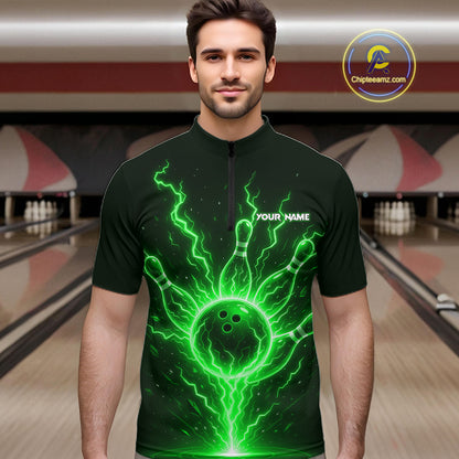 Green Lightning Thunder Bowling Polo, Quarter Zip Shirts For Men Custom Team Bowling Jersey TDM7532