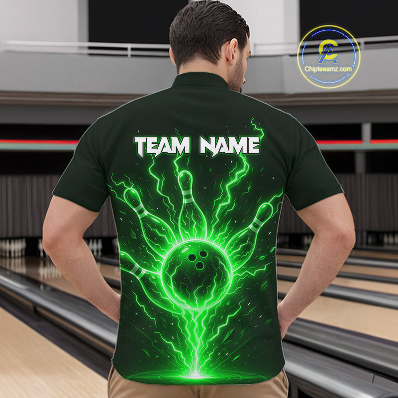 Green Lightning Thunder Bowling Polo, Quarter Zip Shirts For Men Custom Team Bowling Jersey TDM7532