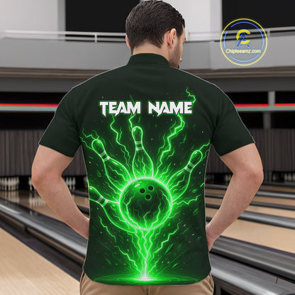 Green Lightning Thunder Bowling Polo, Quarter Zip Shirts For Men Custom Team Bowling Jersey TDM7532