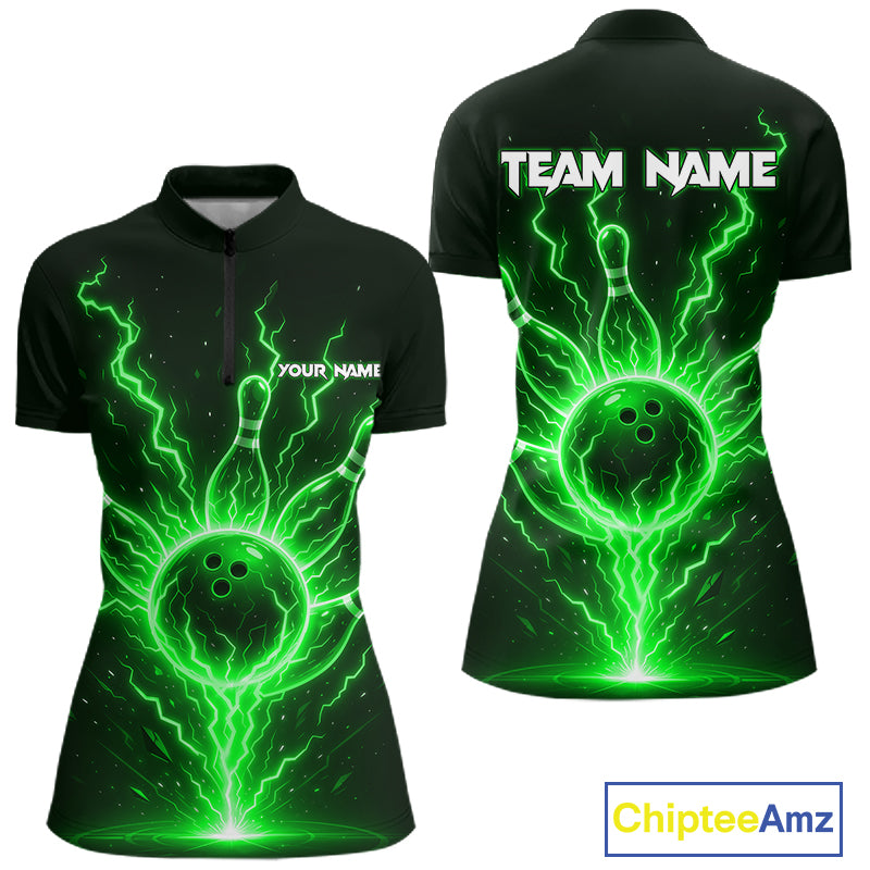 Green Lightning Thunder Bowling Polo, Quarter Zip Shirts For Women Custom Team Bowling Jersey TDM7532