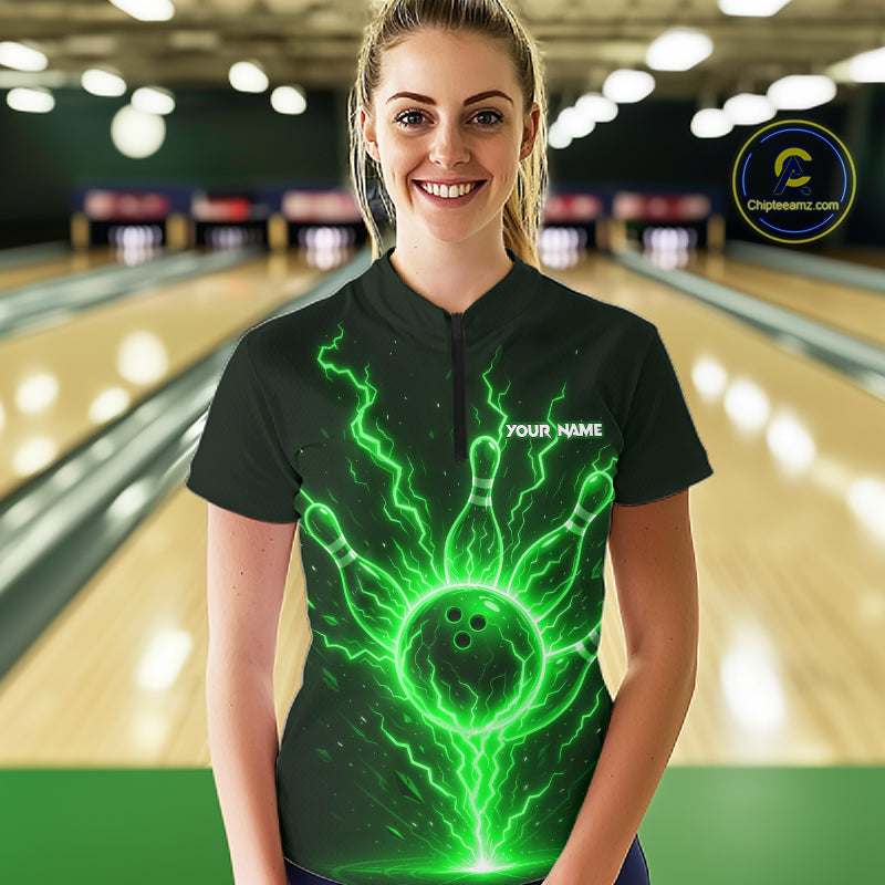 Green Lightning Thunder Bowling Polo, Quarter Zip Shirts For Women Custom Team Bowling Jersey TDM7532