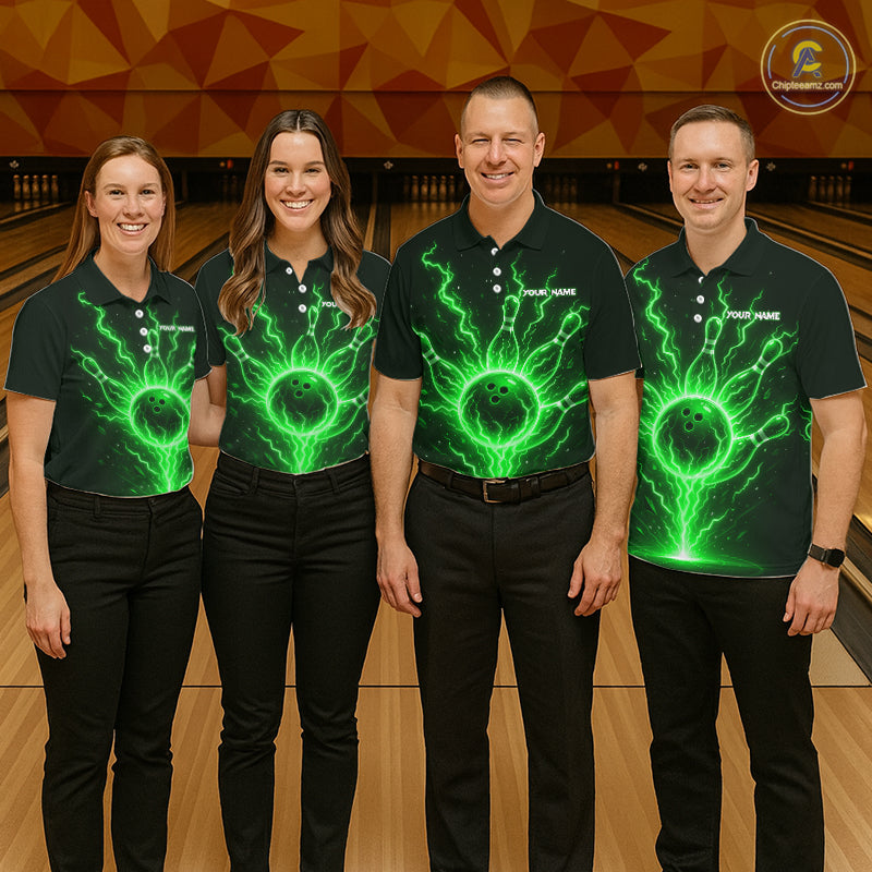 Green Lightning Thunder Bowling Polo, Quarter Zip Shirts For Men Custom Team Bowling Jersey TDM7532