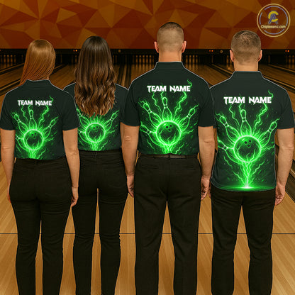 Green Lightning Thunder Bowling Polo, Quarter Zip Shirts For Men Custom Team Bowling Jersey TDM7532