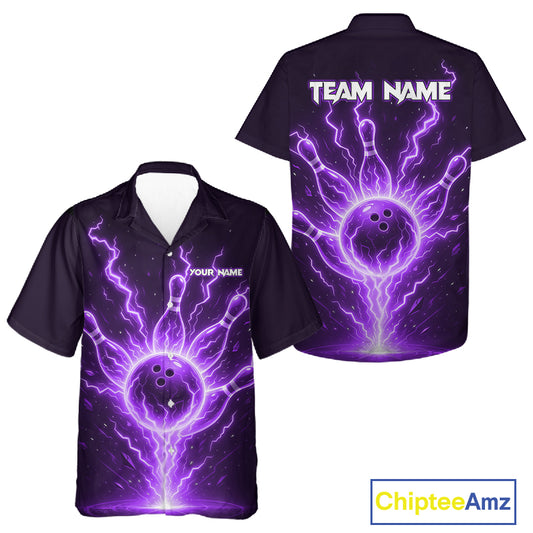Purple Lightning Thunder Bowling Hawaiian Shirts For Men Women Custom Team Bowling League Jersey TDM7533