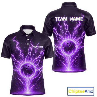 Purple Lightning Thunder Bowling Polo, Quarter Zip Shirts For Men Custom Team Bowling Jersey TDM7533