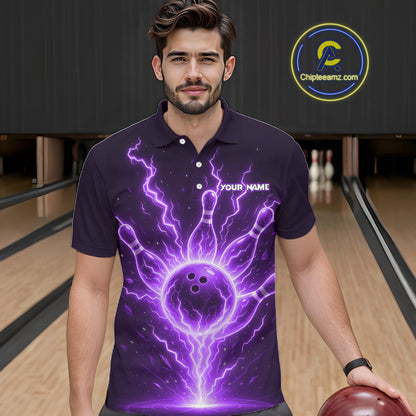 Purple Lightning Thunder Bowling Polo, Quarter Zip Shirts For Men Custom Team Bowling Jersey TDM7533