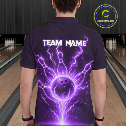 Purple Lightning Thunder Bowling Polo, Quarter Zip Shirts For Men Custom Team Bowling Jersey TDM7533