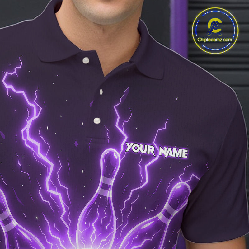 Purple Lightning Thunder Bowling Polo, Quarter Zip Shirts For Men Custom Team Bowling Jersey TDM7533