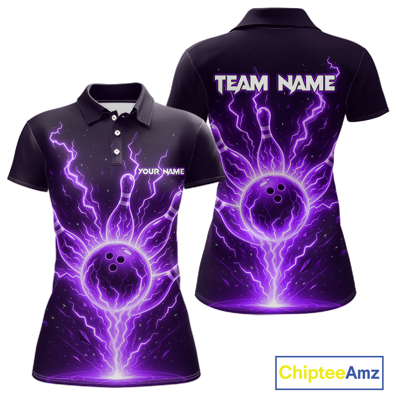 Purple Lightning Thunder Bowling Polo, Quarter Zip Shirts For Women Custom Team Bowling Jersey TDM7533