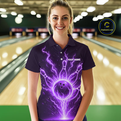 Purple Lightning Thunder Bowling Polo, Quarter Zip Shirts For Women Custom Team Bowling Jersey TDM7533