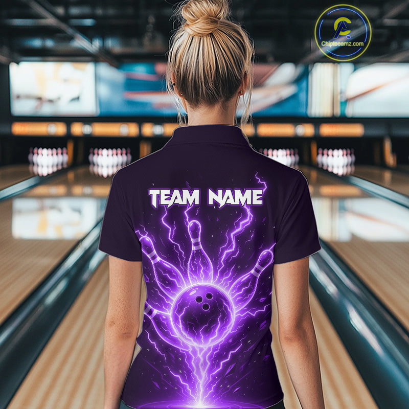Purple Lightning Thunder Bowling Polo, Quarter Zip Shirts For Women Custom Team Bowling Jersey TDM7533